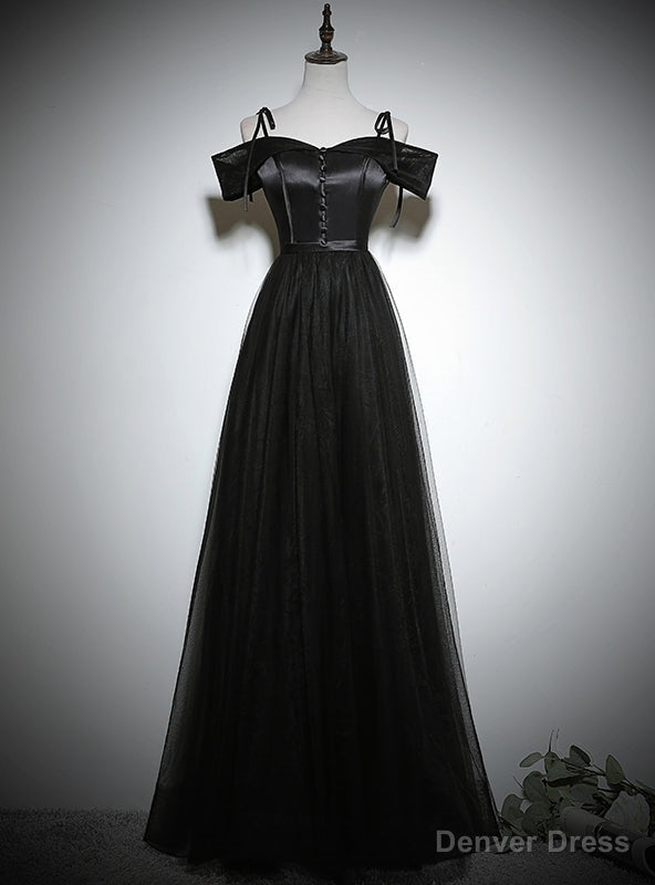 Simple Black Tulle Satin Spaghetti Straps Button Prom Dresses Main image
