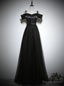 Simple Black Tulle Satin Spaghetti Straps Button Prom Dresses