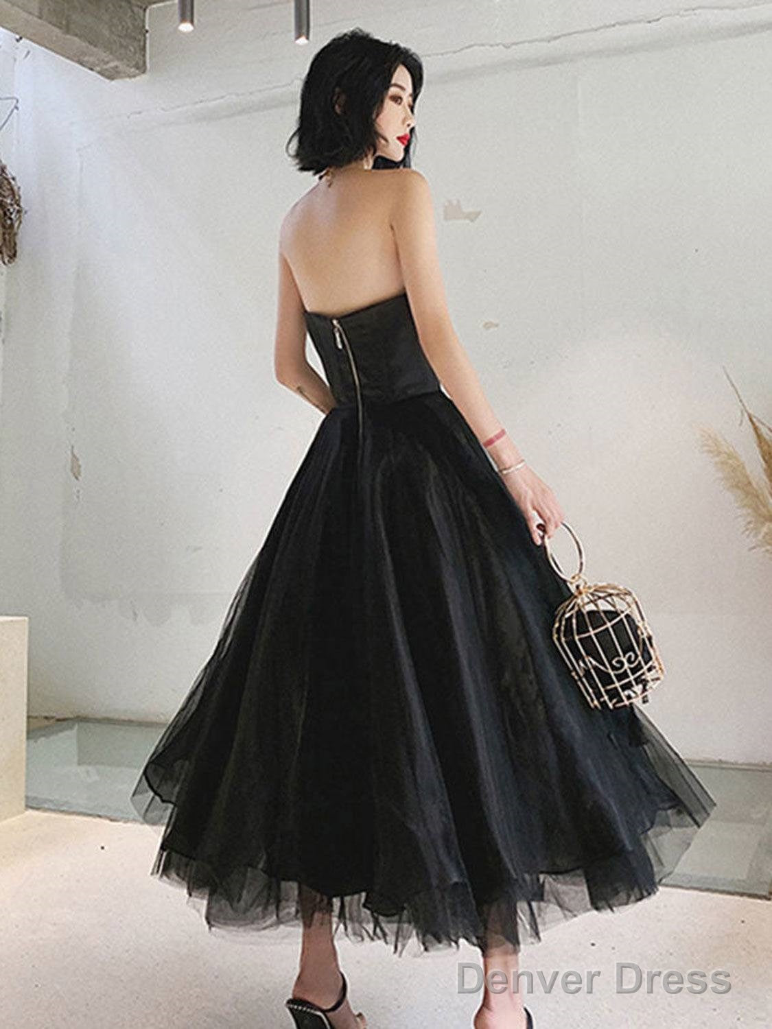 Simple Black Tulle Tea Length Prom Dress, Black Evening Dress Secondary image