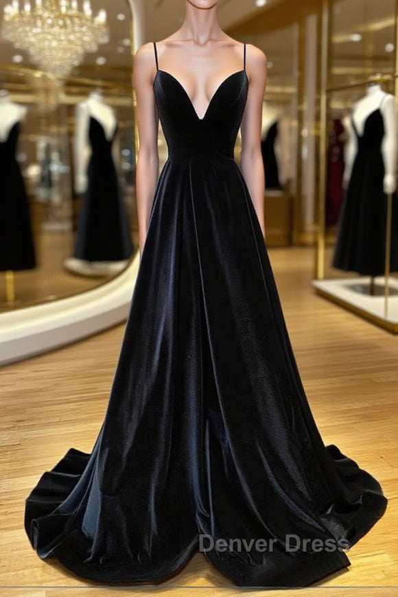 Simple Black velvet long prom Dresses, black evening Dresses Main image