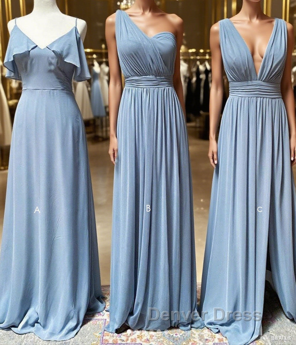 Simple blue chiffon long prom Dress blue chiffon bridesmaid Dresses Main image