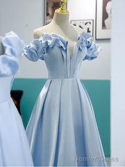 Simple Blue Off Shoulder Long Prom Dress, Blue Evening Dress