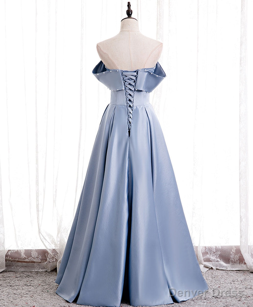 Simple Blue Off Shoulder Satin Long Prom Dress Blue Bridesmaid Dresses Secondary image
