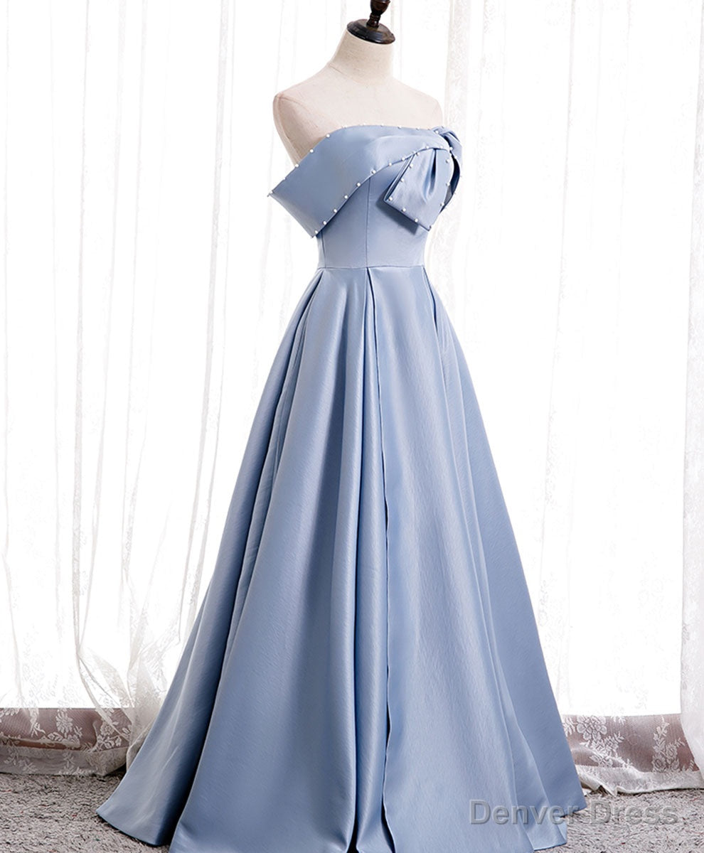 Simple Blue Off Shoulder Satin Long Prom Dress Blue Bridesmaid Dresses Main image