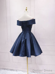 Simple Blue Off Shoulder Satin Short Prom Dress Blue Bridesmaid Dress