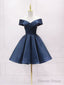 Simple Blue Off Shoulder Satin Short Prom Dress Blue Bridesmaid Dresses