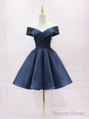 Simple Blue Off Shoulder Satin Short Prom Dress Blue Bridesmaid Dress