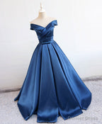 Simple Blue Satin Long Prom Dress, Blue Prom Bridesmaid Dresses
