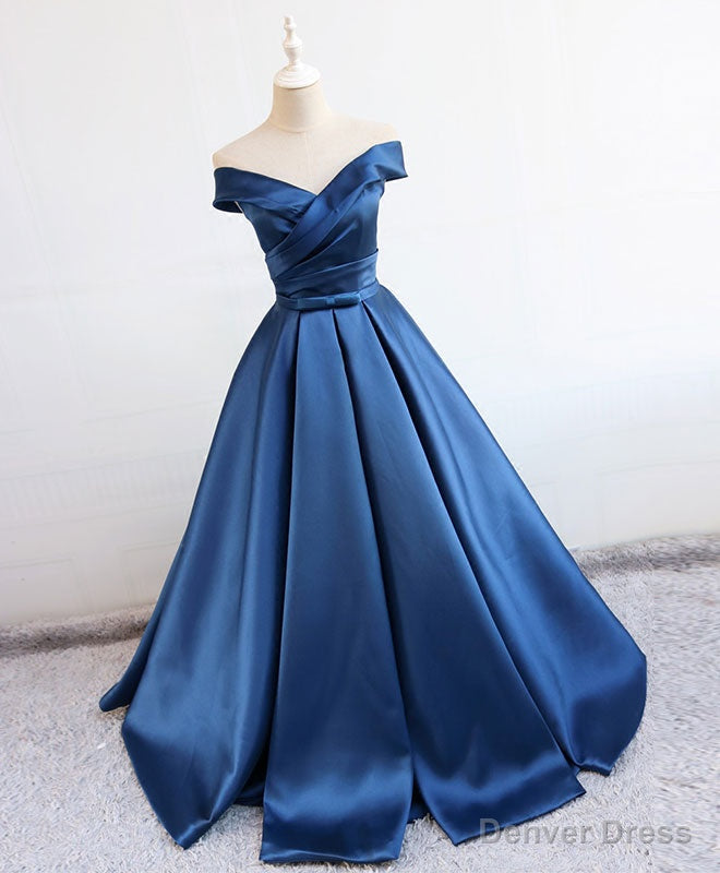 Simple Blue Satin Long Prom Dress, Blue Prom Bridesmaid Dresses