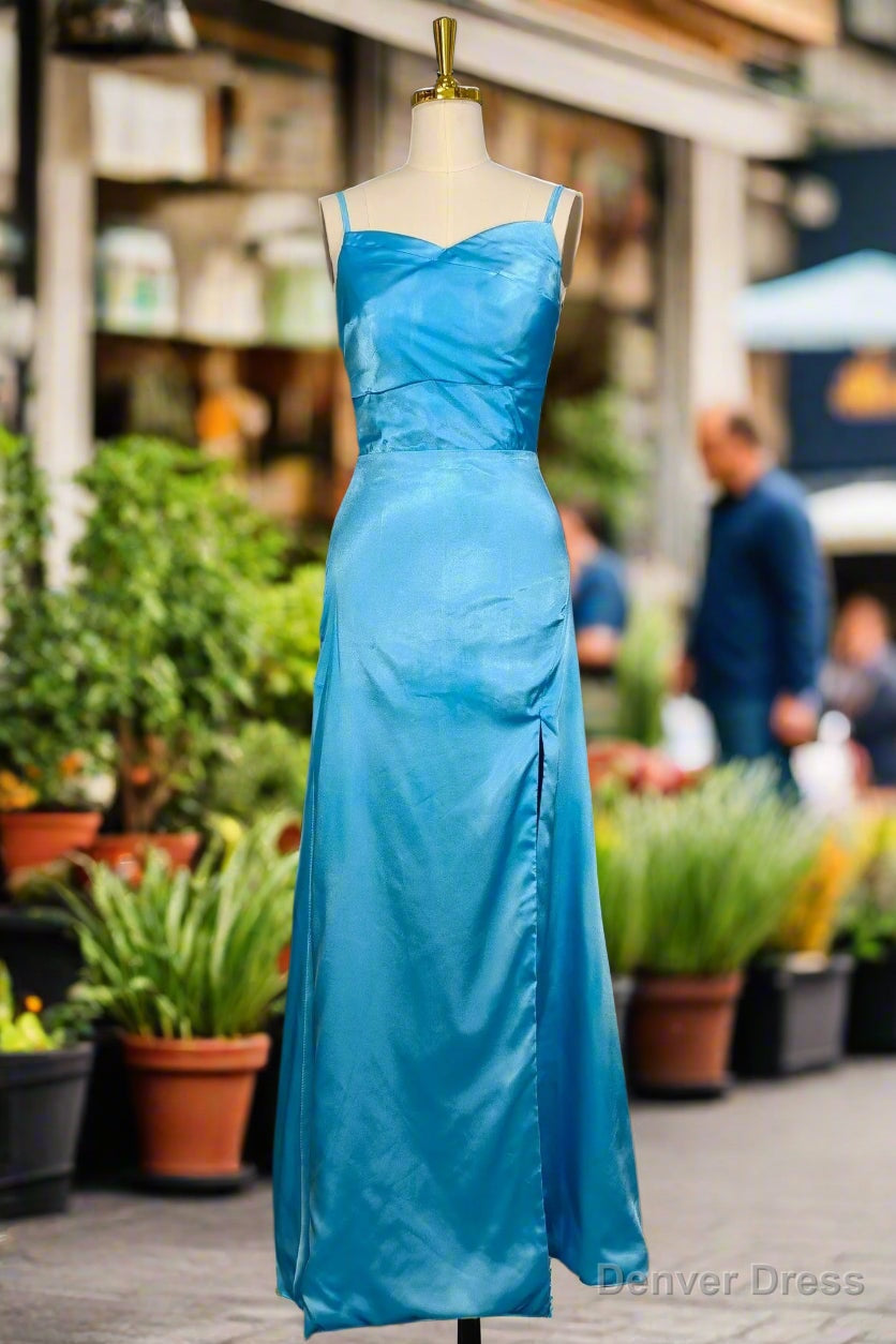 Simple Blue Spaghetti Straps Long Prom Dresses with Split Main image