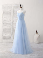 Simple Blue Tulle Long Prom Dress Blue Bridesmaid Dresses