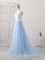 Simple Blue Tulle Long Prom Dress, Blue Tulle Prom Dresses