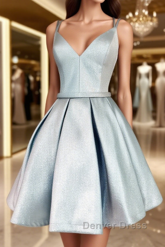 Simple blue v neck satin short prom Dress, blue homecoming Dresses Main image