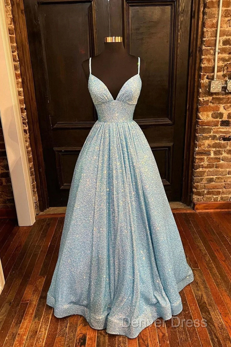 Simple Blue V Neck Sequin Long Prom Dresses,A Line Blue Evening Dresses Secondary image