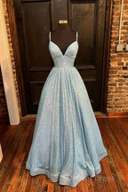 Simple Blue V Neck Sequin Long Prom Dresses,A Line Blue Evening Dresses