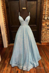 Simple Blue V Neck Sequin Long Prom Dresses,A Line Blue Evening Dresses