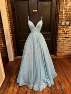 Simple Blue V Neck Sequin Long Prom Dresses,A Line Blue Evening Dresses