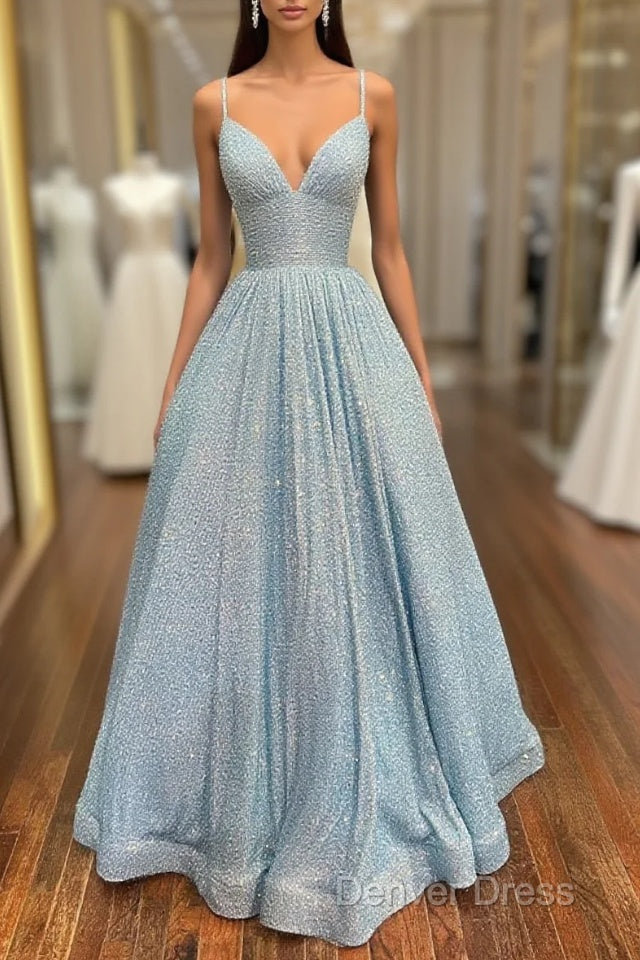 Simple Blue V Neck Sequin Long Prom Dresses,A Line Blue Evening Dresses
