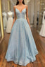 Simple Blue V Neck Sequin Long Prom Dresses,A Line Blue Evening Dresses