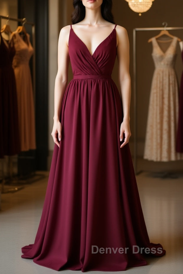 Simple burgundy chiffon lace long prom Dresses, burgundy evening Dresses Main image