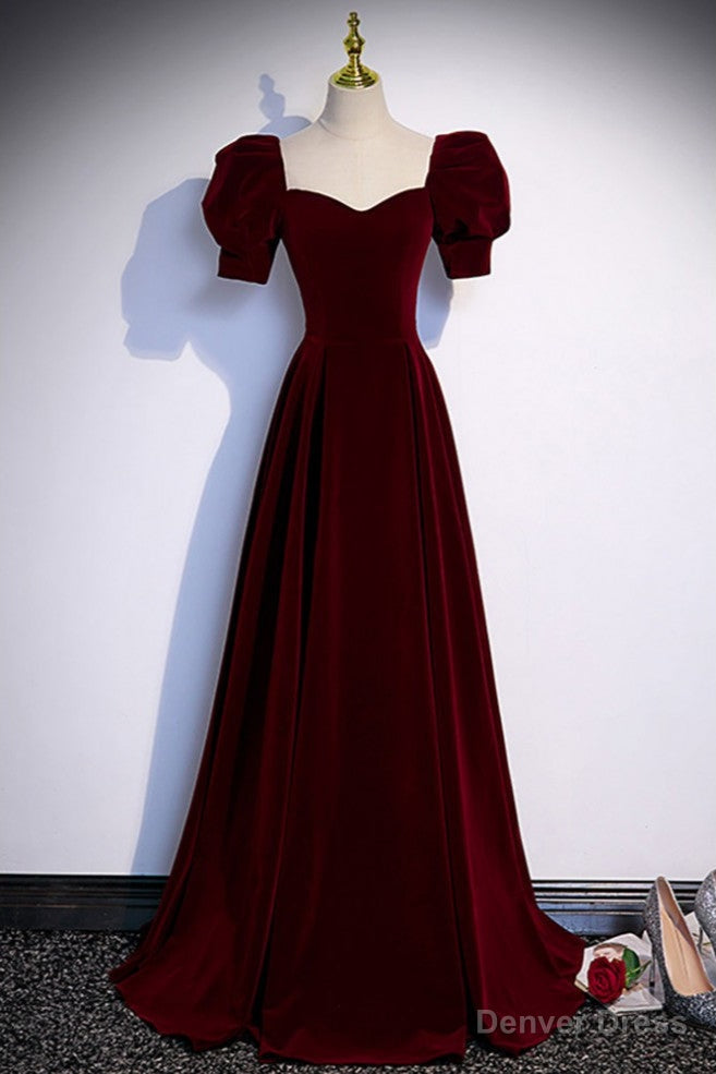 Simple Burgundy Long Velvet Prom Dresses with Short Sleeves