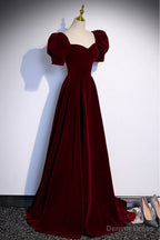 Simple Burgundy Long Velvet Prom Dresses with Short Sleeves