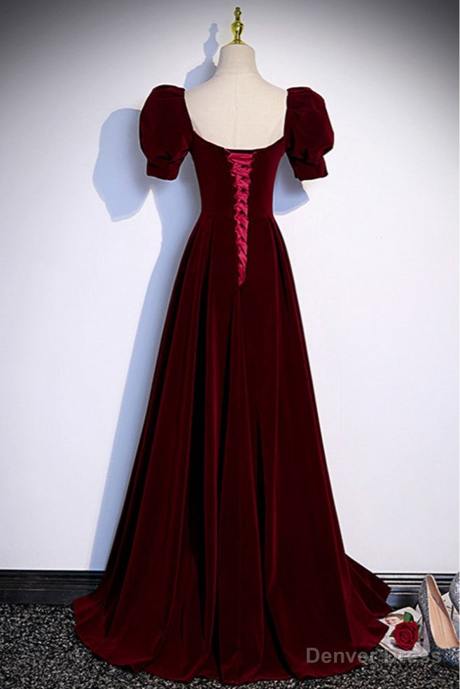 Simple Burgundy Long Velvet Prom Dresses with Short Sleeves