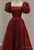 Simple Burgundy Prom Dress Square Neck Tea Length Graduation Dresses