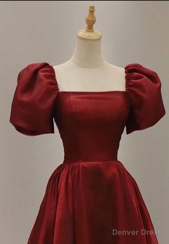 Simple Burgundy Prom Dress Square Neck Tea Length Graduation Dresses