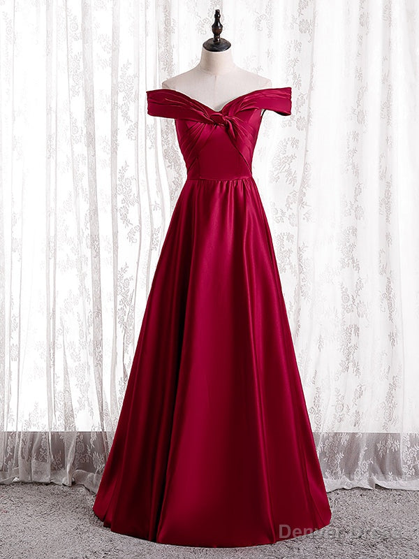 Simple Burgundy Satin Off the Shoulder Pleats Prom Dresses