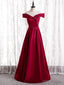 Simple Burgundy Satin Off the Shoulder Pleats Prom Dresses