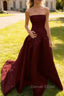 Simple Burgundy Strapless A-line Long Prom Dress
