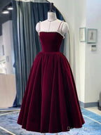 Simple burgundy tea length prom Dress, burgundy homecoming Dresses