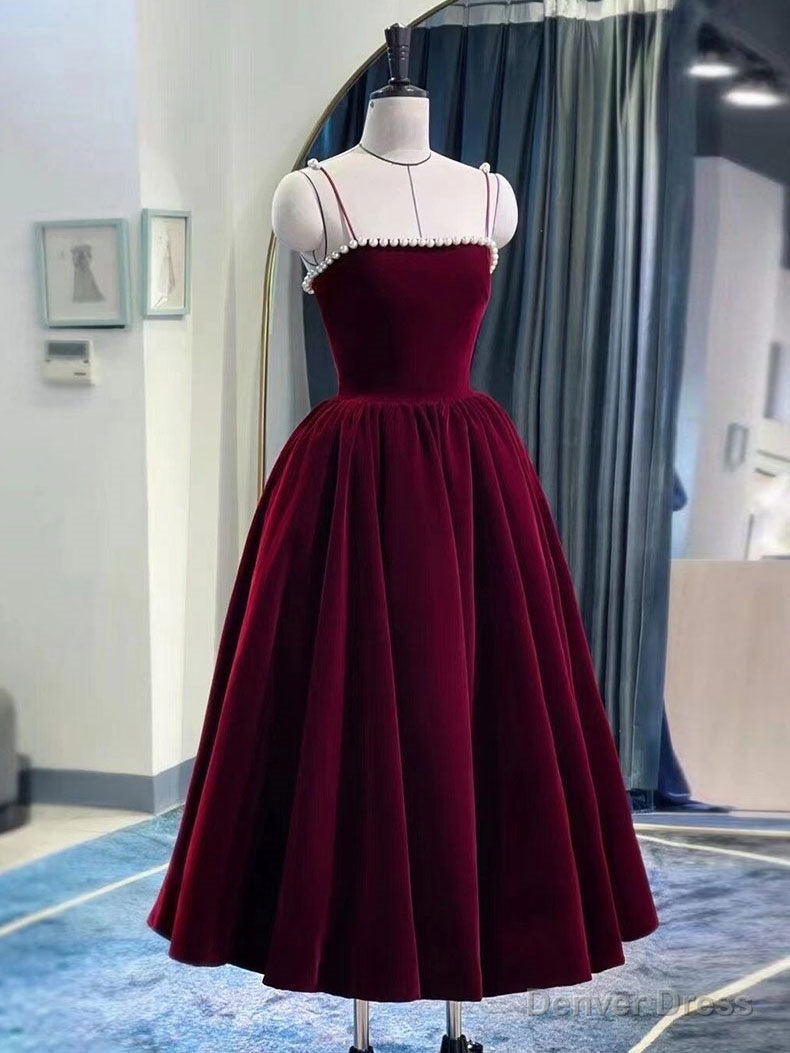 Simple burgundy tea length prom Dress, burgundy homecoming Dresses