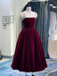 Simple burgundy tea length prom Dress, burgundy homecoming Dresses