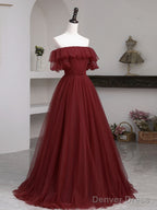Simple Burgundy Tulle A Line Prom Dress, Burgundy Prom Dresses