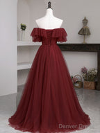 Simple Burgundy Tulle A Line Prom Dress, Burgundy Prom Dresses
