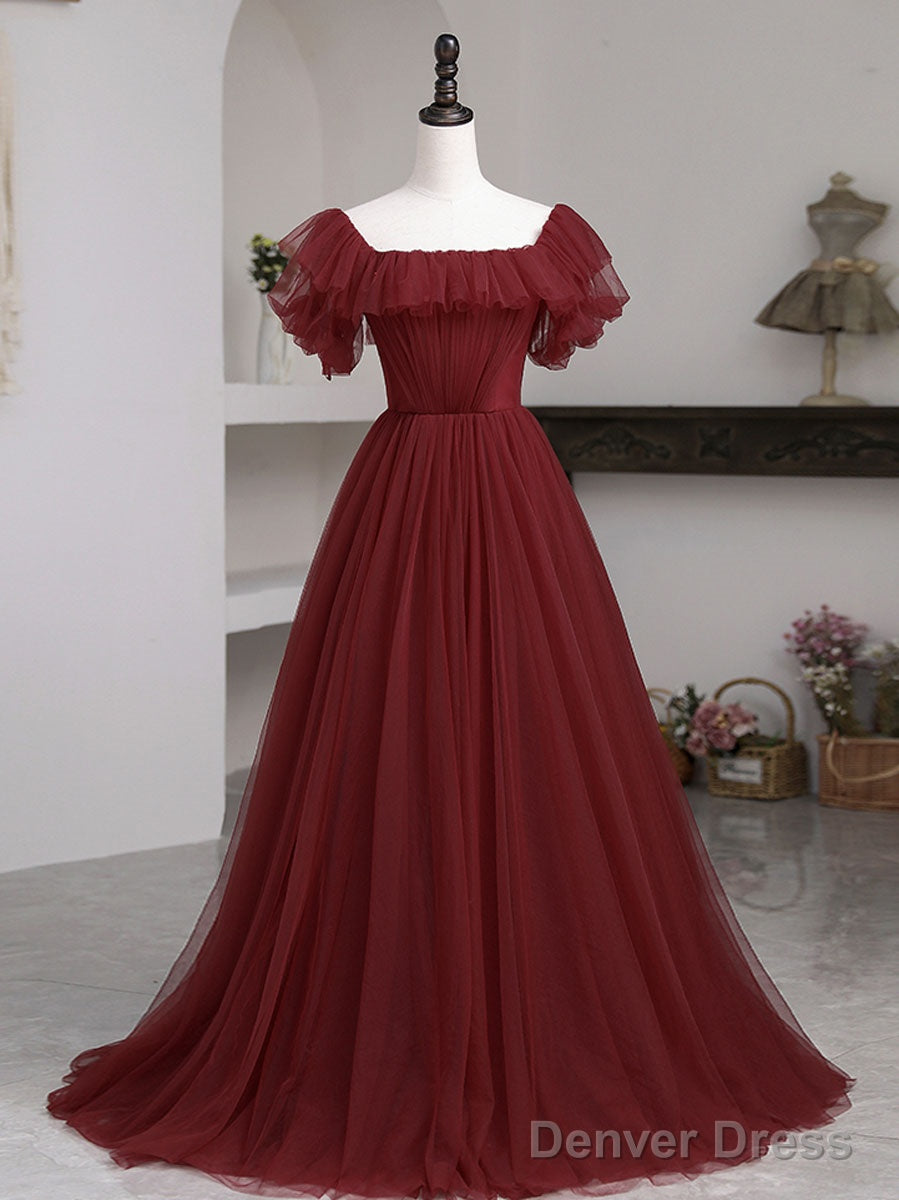 Simple Burgundy Tulle A Line Prom Dress, Burgundy Prom Dresses