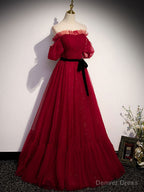 Simple Burgundy Tulle Long Prom Dress, A Line Burgundy Prom Dresses