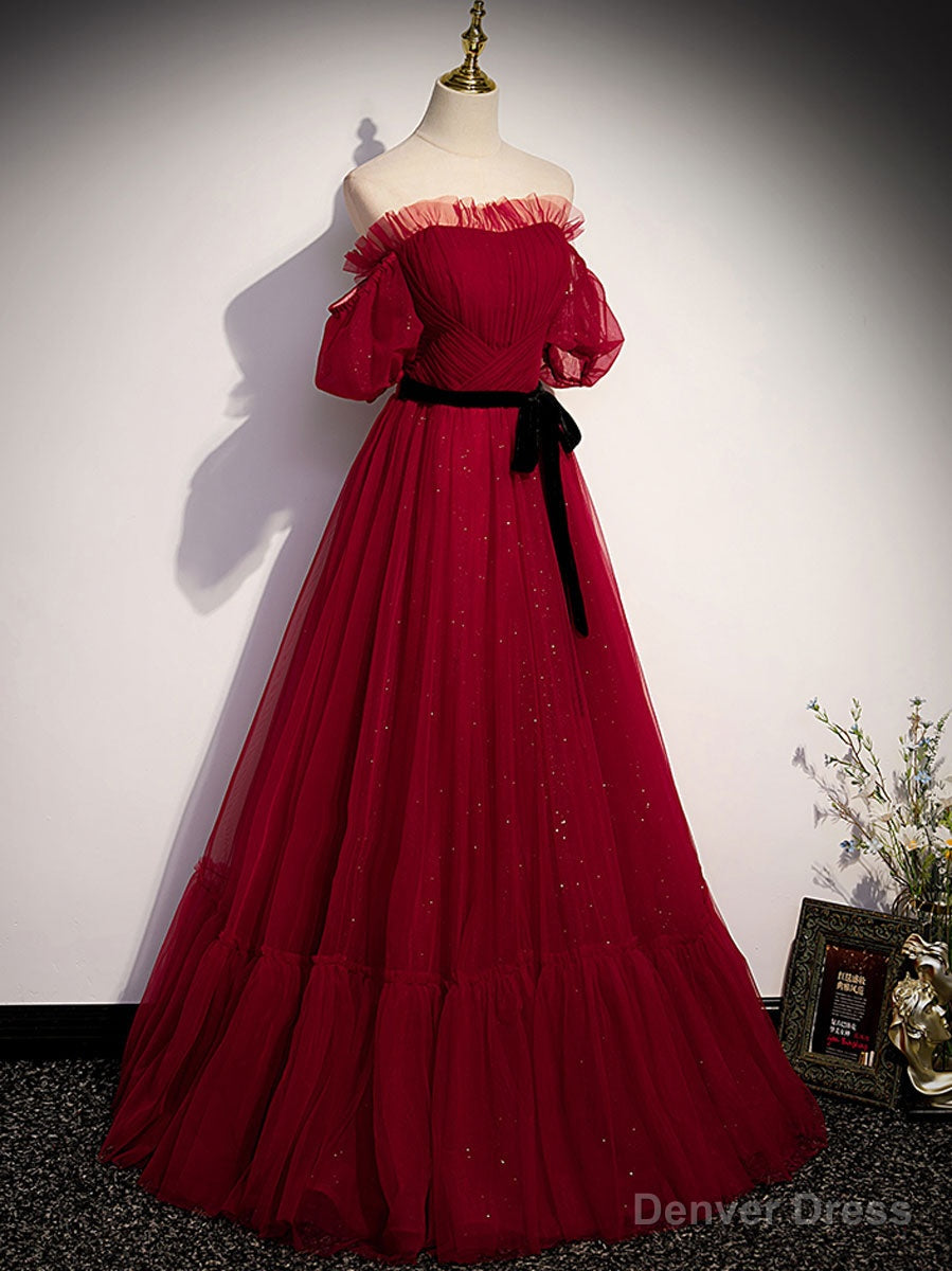 Simple Burgundy Tulle Long Prom Dress, A Line Burgundy Prom Dresses