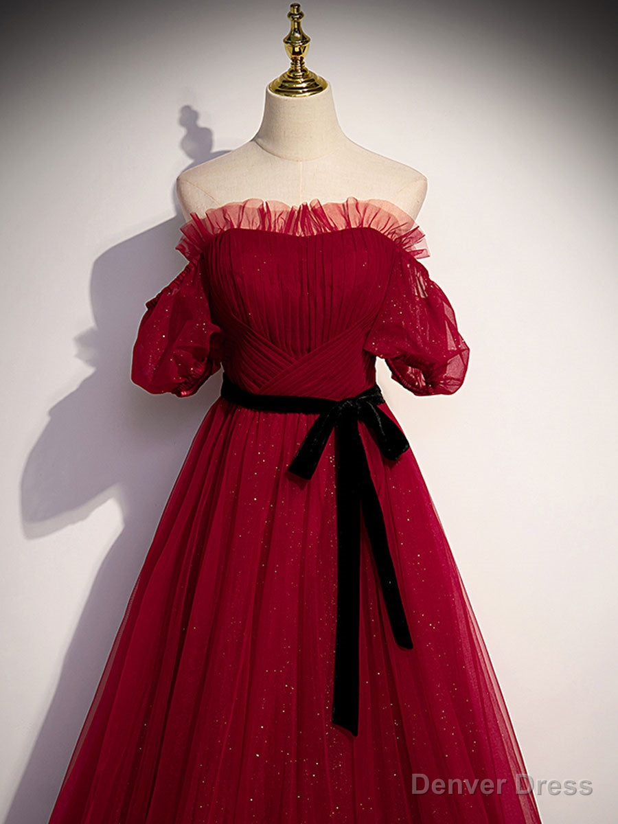 Simple Burgundy Tulle Long Prom Dress, A Line Burgundy Prom Dresses