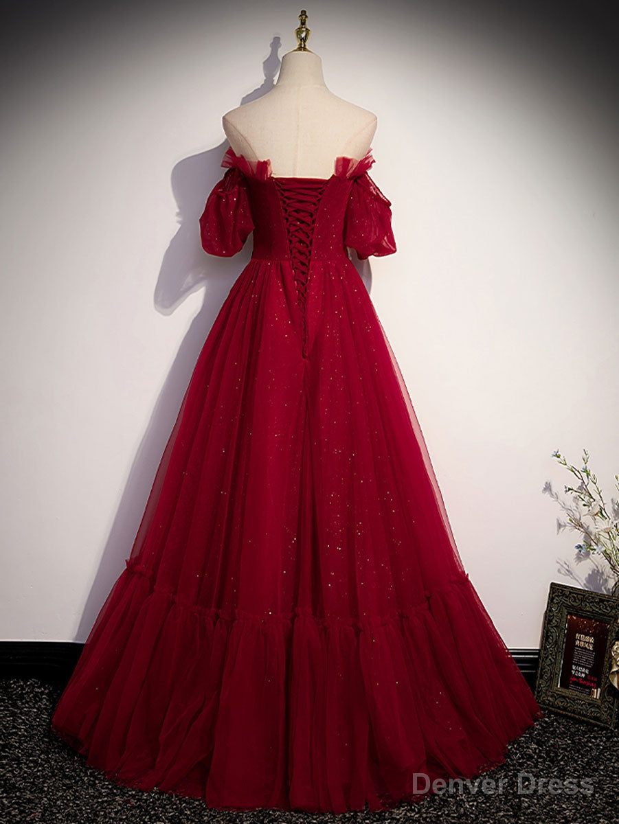 Simple Burgundy Tulle Long Prom Dress, A Line Burgundy Prom Dresses