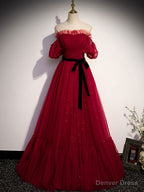 Simple Burgundy Tulle Long Prom Dress, A Line Burgundy Prom Dresses