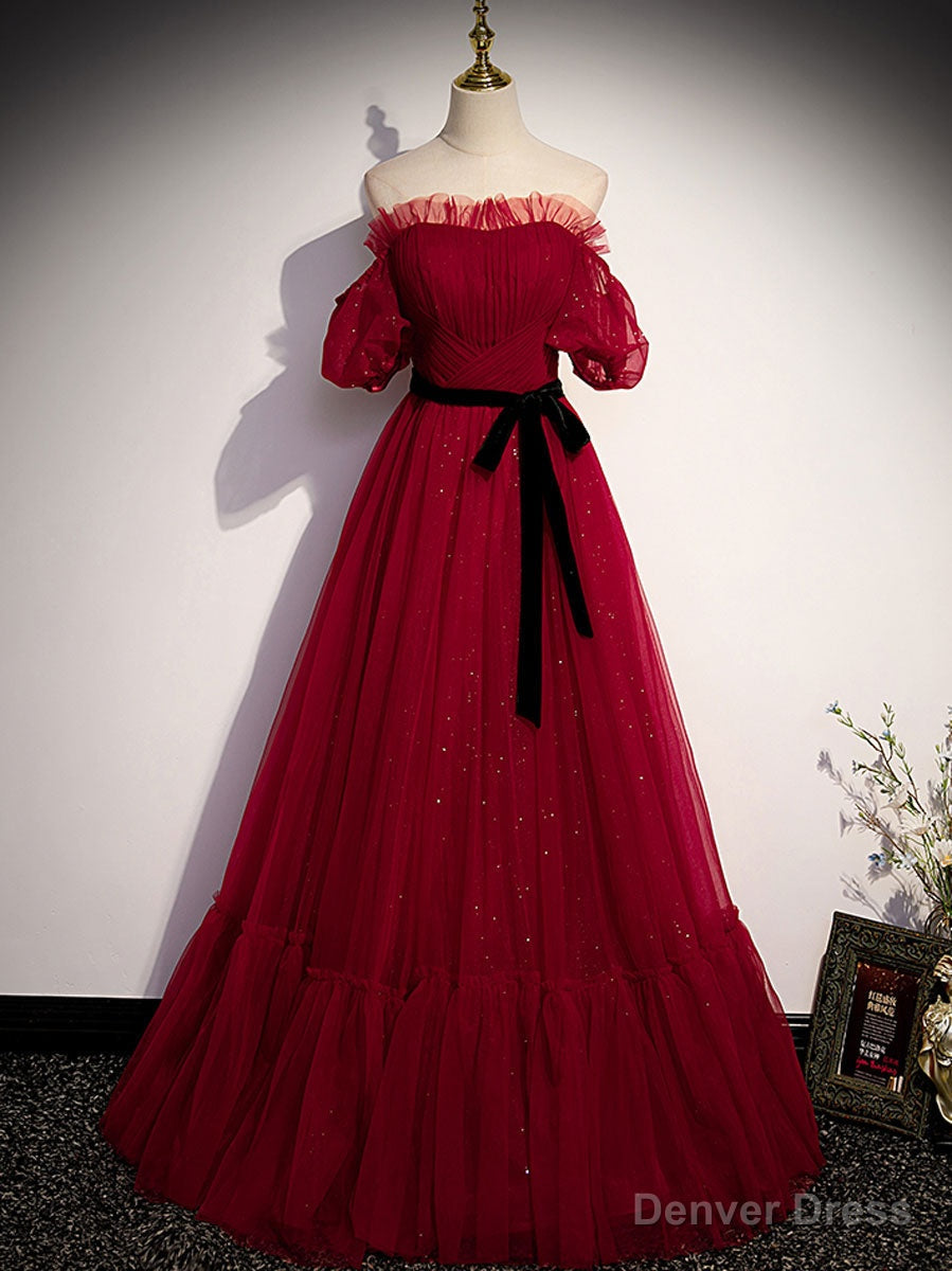 Simple Burgundy Tulle Long Prom Dress, A Line Burgundy Prom Dresses