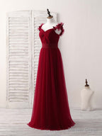 Simple Burgundy Tulle Long Prom Dress Burgundy Bridesmaid Dresses
