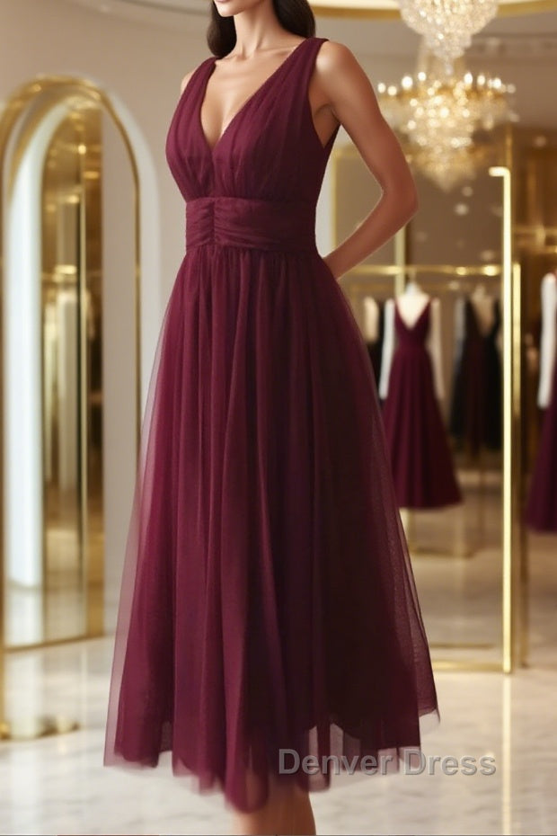 Simple burgundy tulle prom Dress tulle burgundy Prom Dresses