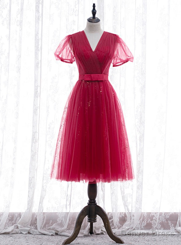 Simple Burgundy Tulle V Neck Short Sleeve Pleats Prom Dresses