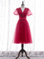 Simple Burgundy Tulle V Neck Short Sleeve Pleats Prom Dresses