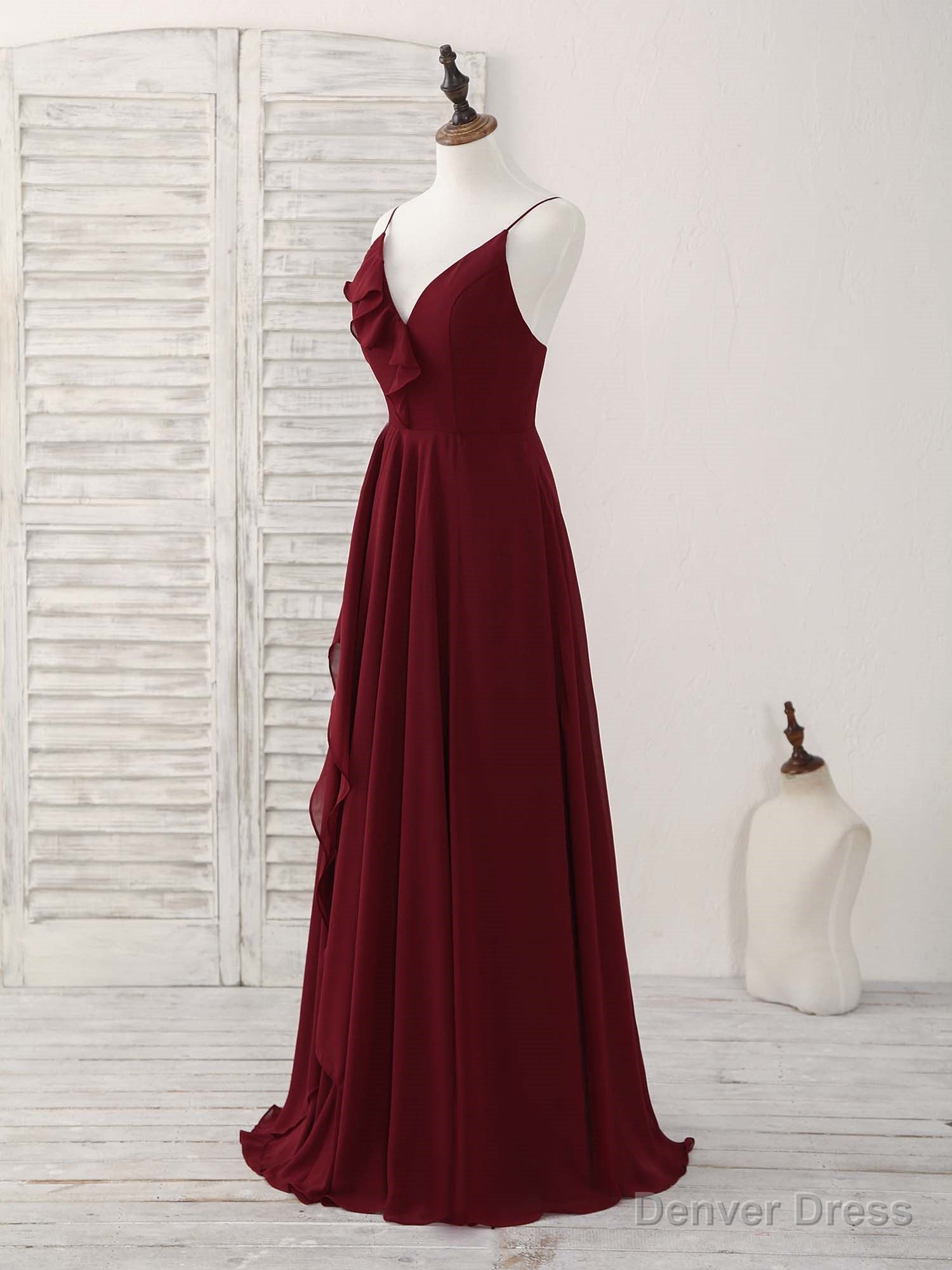 Simple Burgundy V Neck Chiffon Long Prom Dress, Bridesmaid Dresses