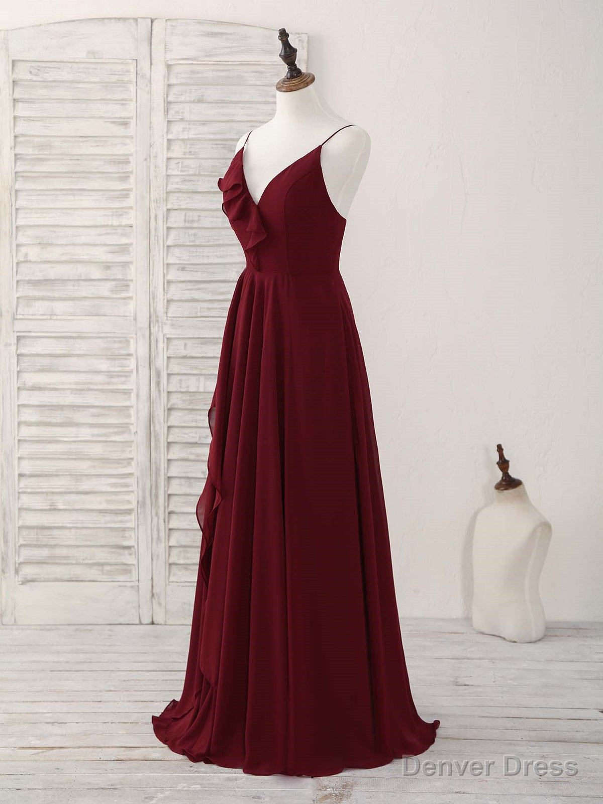 Simple Burgundy V Neck Chiffon Long Prom Dress, Bridesmaid Dresses Main image